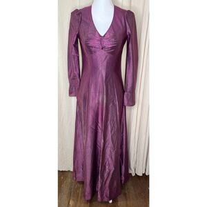 1970s Purple Plum Liquid Metallic Regency Glam Bell Sleeve Boho Maxi Dress M